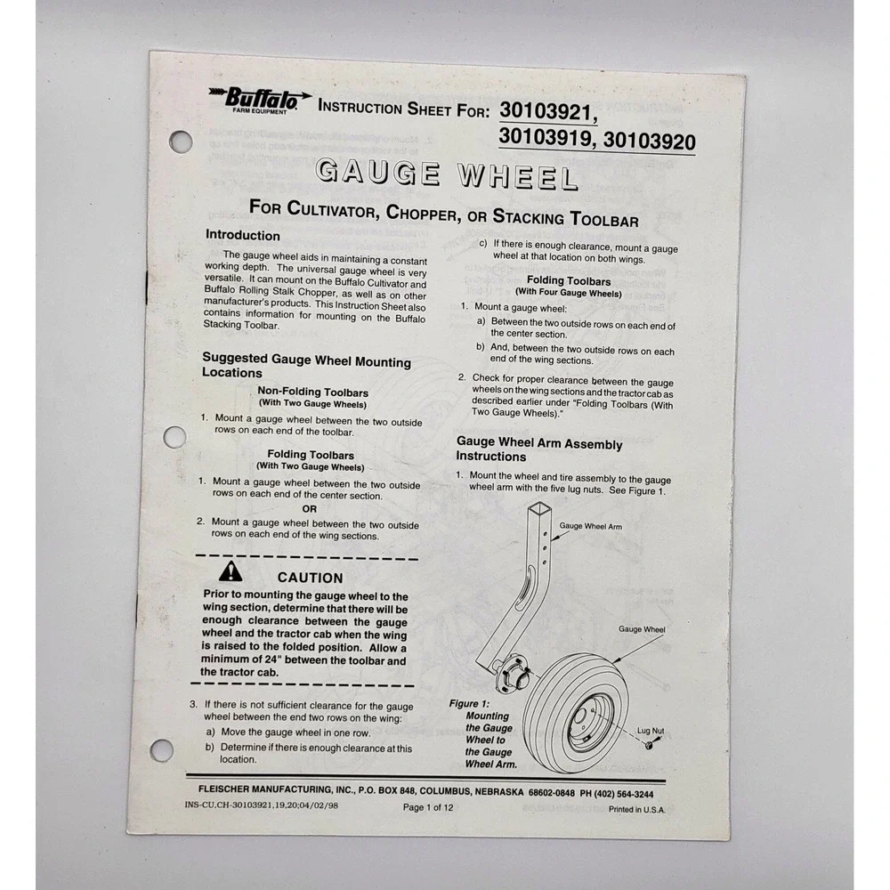 Buffalo, Fleischer Mfg. 30103921, 30103919, 30103920 Gauge Wheel‎ Instructions